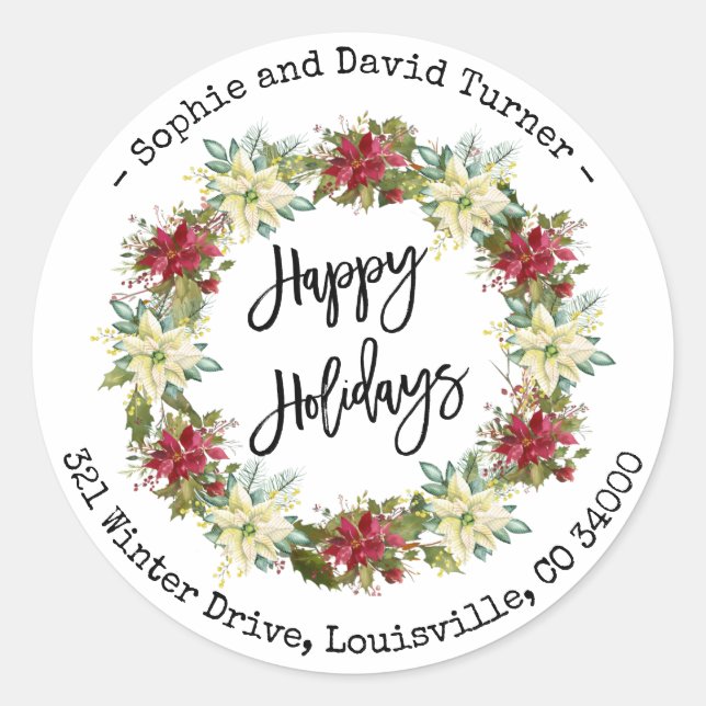 Sticker Rond Chic Joyeux Vacances Script Poinsettia Monogramme (Devant)