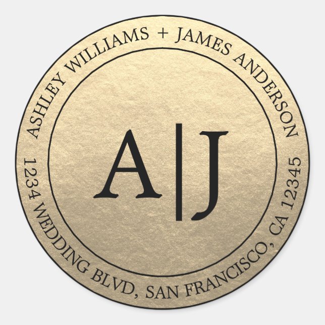Sticker Rond Chic Monogram Mariage Adresse de retour Gold (Devant)