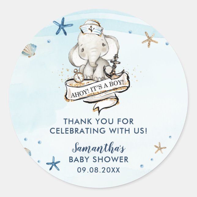Sticker Rond Chic Nautique Cute Elephant Boy Baby shower Favori (Devant)