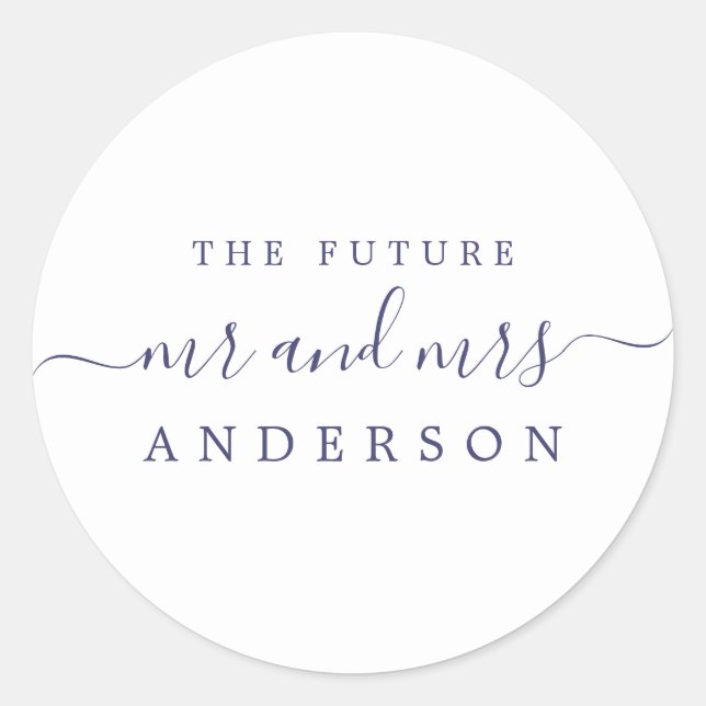 Sticker Rond Chic Navy Blue Script Future M. Mme Mariage (Devant)