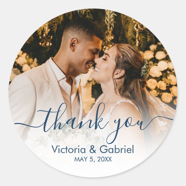 Sticker Rond Chic Navy Script Photo Mariage Photo Merci (Devant)