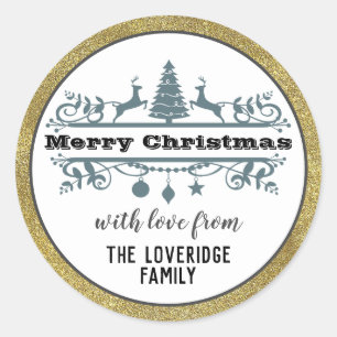 Sticker Rond Chic Noir Blanc Gris Joyeux Noël Paillettes Dorées
