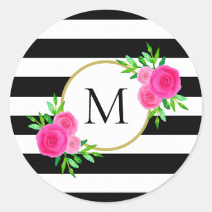 Sticker Rond Chic noir blanc rayé rose floral Monogramme