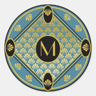 Sticker Rond Chic noir & Turquoise Art Déco Fan Motif Monogram