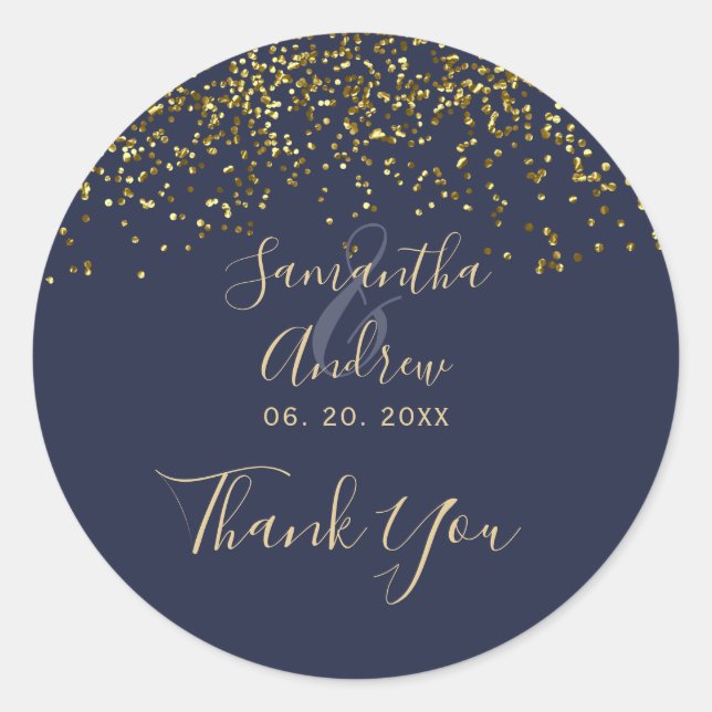 Sticker Rond Chic or confetti marine bleu typographie merci (Devant)