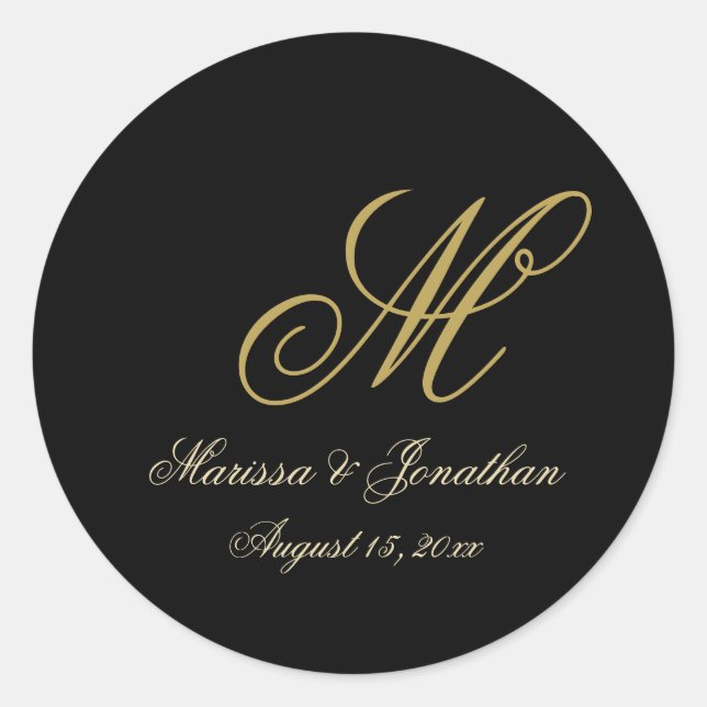 Sticker Rond Chic or Monogramme Mariage noir (Devant)