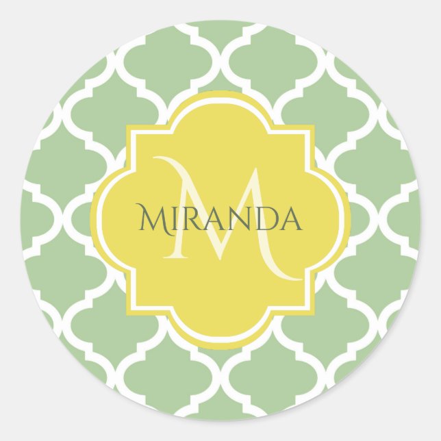 Sticker Rond Chic Pastel Green Quatrefoil Jaune Nom Monogramme (Devant)