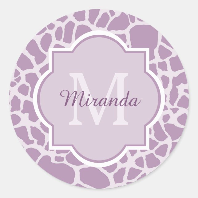 Sticker Rond Chic Purple Giraffe Imprimer avec Monogramme et no (Devant)