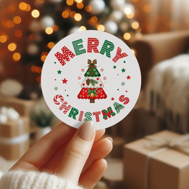 Sticker Rond Chic Red and Green Merry Christmas Tree Holiday (Créateur téléchargé)