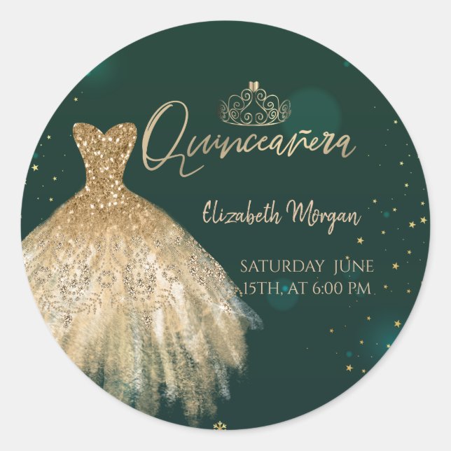 Sticker Rond Chic Robe Or Tiara, Diamants Vert Quinceañera (Devant)