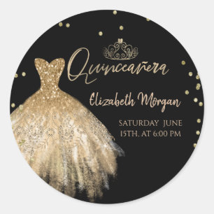 Sticker Rond Chic Robe Or Tiara, Diamonds Black Quinceañera