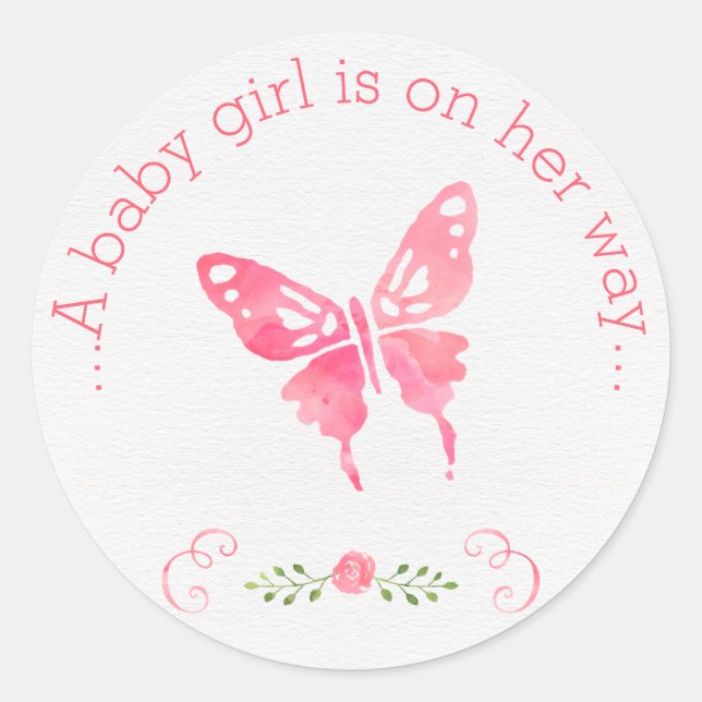 Sticker Rond Chic rose aquarelle papillon Baby shower fille (Devant)