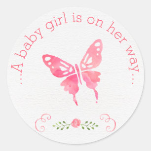 Sticker Rond Chic rose aquarelle papillon Baby shower fille