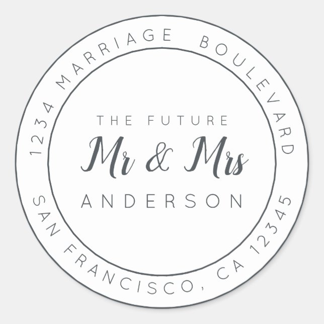 Sticker Rond Chic Script Future M. Mme Mariage Adresse de retou (Devant)