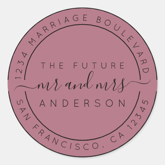 Sticker Rond Chic Script Future M. Mme Mariage Adresse de retou (Devant)