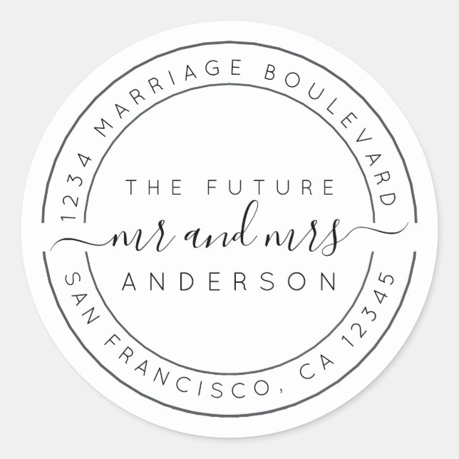 Sticker Rond Chic Script Future M. Mme Mariage Adresse de retou (Devant)