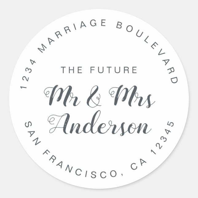 Sticker Rond Chic Script Future M. Mme Mariage Adresse de retou (Devant)
