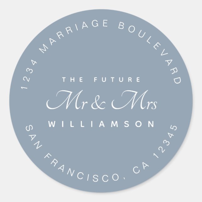 Sticker Rond Chic Script Future M. Mme Mariage Adresse de retou (Devant)