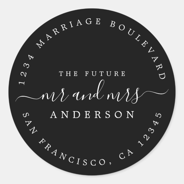 Sticker Rond Chic Script Future M. Mme Mariage Adresse de retou (Devant)
