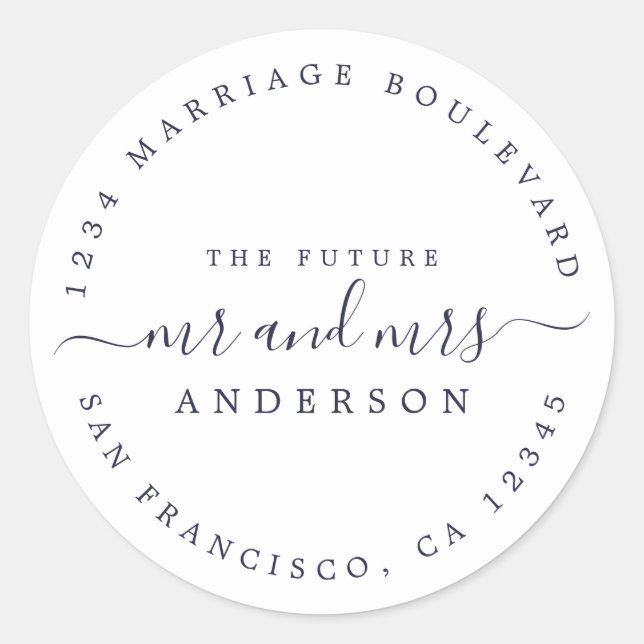 Sticker Rond Chic Script Future M. Mme Mariage Adresse de retou (Devant)