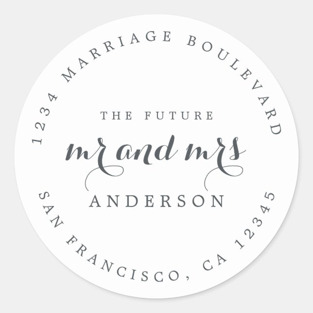 Sticker Rond Chic Script Future M. Mme Mariage Adresse de retou (Devant)