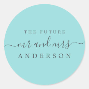 Sticker Rond Chic Script Future M. Mme Turquoise Mariage bleu