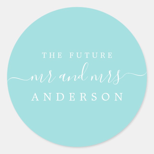 Sticker Rond Chic Script Future M. Mme Turquoise Mariage bleu (Devant)