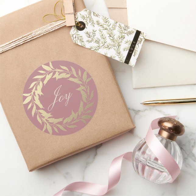 Sticker Rond Chic Script Joy Gold Wreath Christmas Dusty Rose (Cadeaux)
