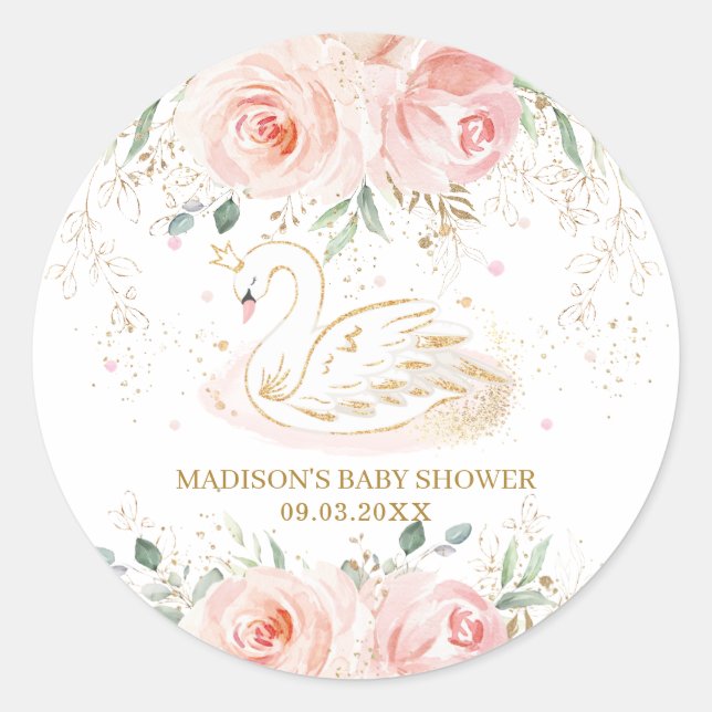 Sticker Rond Chic Swan Blush rose Baby shower Floral Anniversai (Devant)
