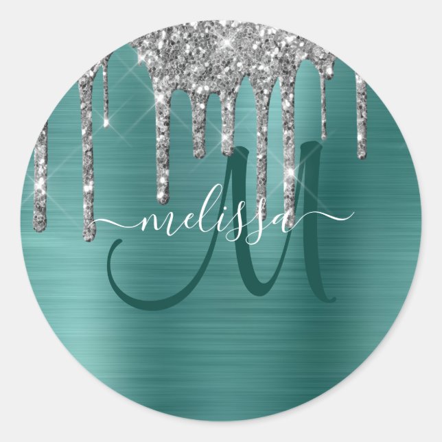 Sticker Rond Chic Turquoise brossé Parties scintillant d'argent (Devant)