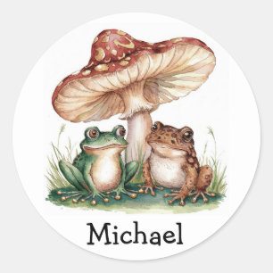 Sticker Rond Chic vintage Cute Happy Green Frog and Mushrooms