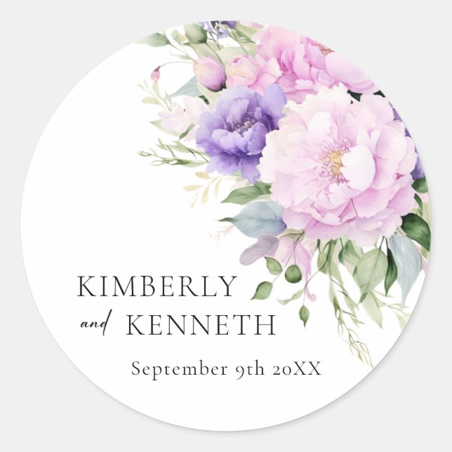Sticker Rond Chic violet lavande rose violet Mariage floral (Devant)