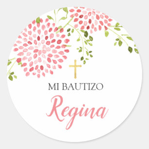 Sticker Rond Chica de bautismo Flores rosadas Pegatina redondo