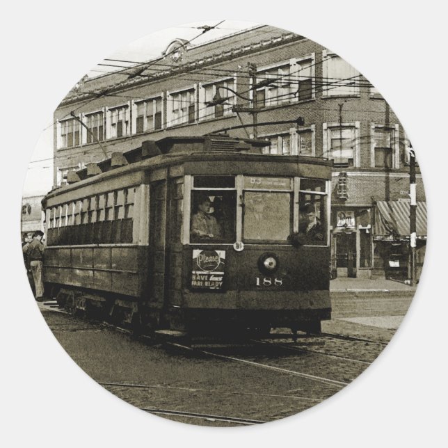 STICKER ROND CHICAGO 63E ET OCCIDENTALE 1952 TROLLEY ART SEPIA (Devant)