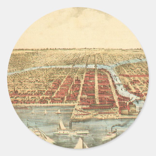 Sticker Rond Chicago Antique Map, LaSalle Street et River (Devant)