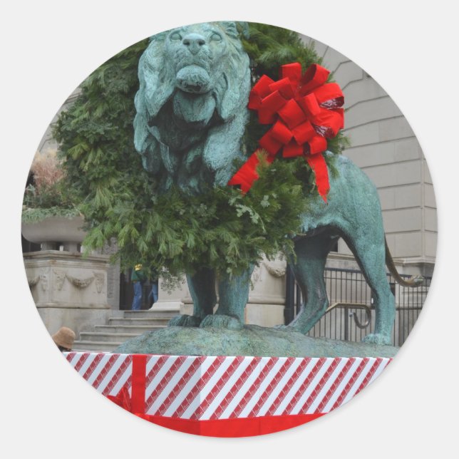 Sticker Rond Chicago Art Institute Lion décoré pour Noël (Devant)