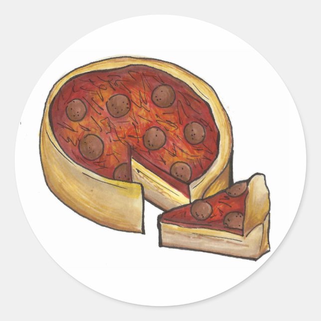 Sticker Rond Chicago Illinois Plat profond Pepperoni Pizza Food (Devant)