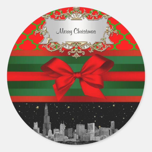 Sticker Rond Chicago Skyline, Red Green Quatrefoil Xmas (Devant)