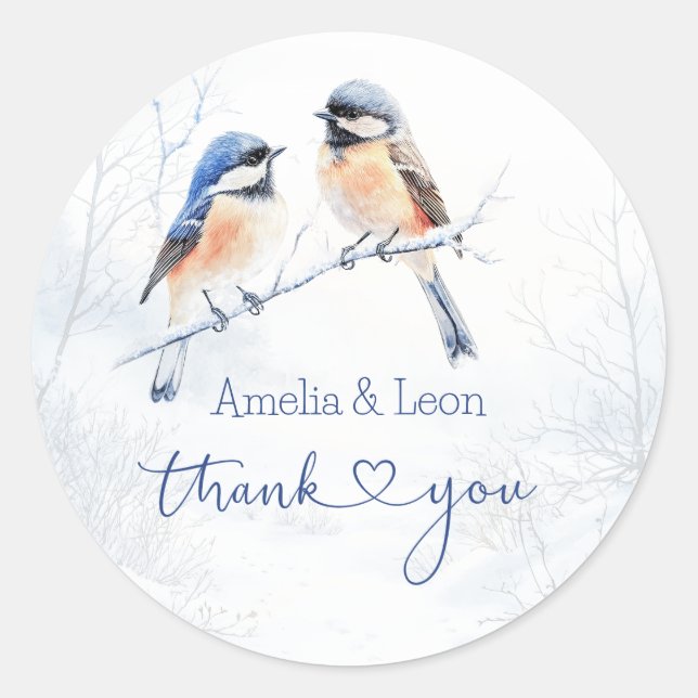 Sticker Rond Chickadee Bird in Winter Thank You  (Devant)