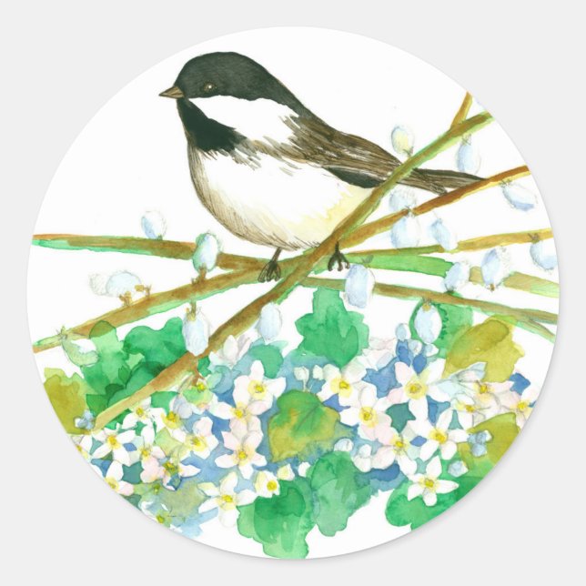 Sticker Rond Chickadee Bird May Flower Catkins Willow Branches (Devant)