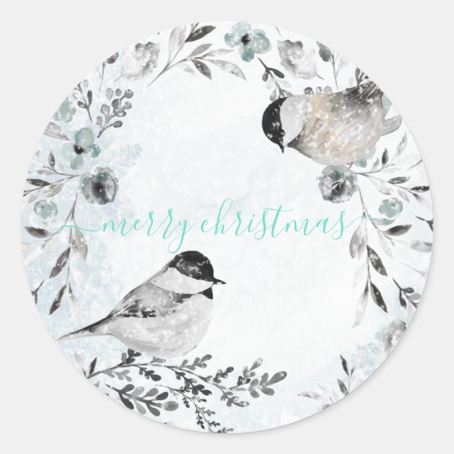Sticker Rond Chickadee Birds d'hiver Dusty Blue Wreath Noël (Devant)