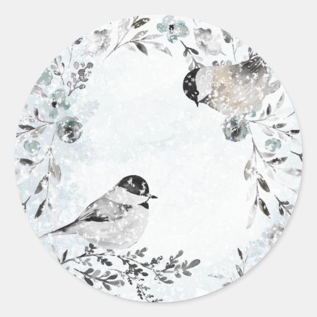 Sticker Rond Chickadee Birds d'hiver Dusty Blue Wreath Noël (Devant)