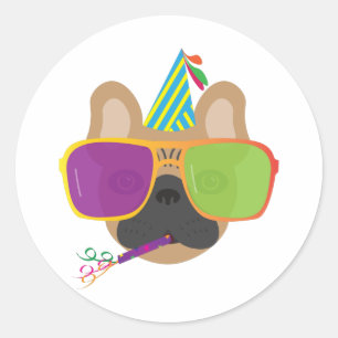 Sticker Rond Chien à bulles français avec casquette de fête et 