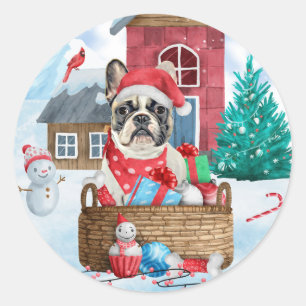 Sticker Rond Chien à tête blanche dans la neige Maison de Chien