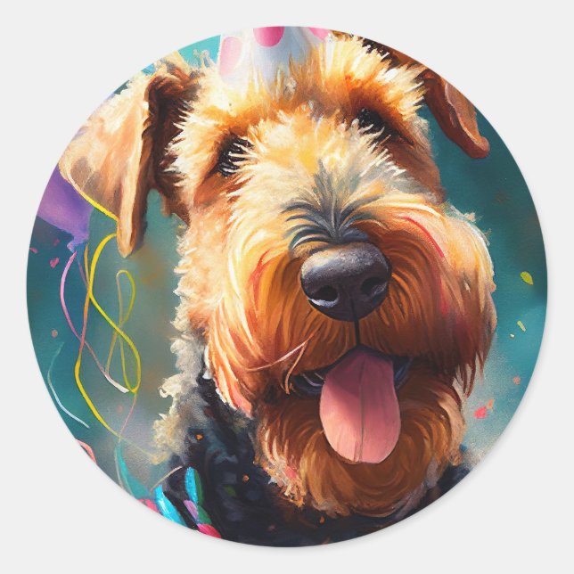 Sticker Rond Chien Airedale avec casquette d'anniversaire et ba (Devant)