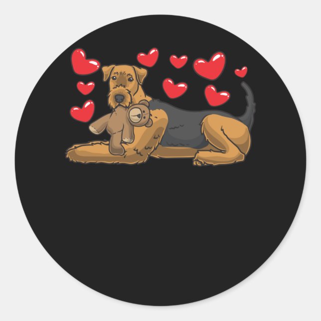Sticker Rond Chien Airedale Terrier Avec Animal Stuffé (Devant)