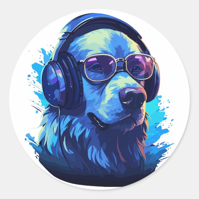Sticker Rond Chien amoureux de la musique avec casque (Devant)