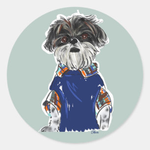 Sticker Rond Chien Animal Parent Animal Cute Aquarelle Shihtzu