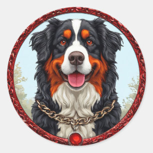 Sticker Rond Chien avec Collier à Chaîne et Fond Audacieux