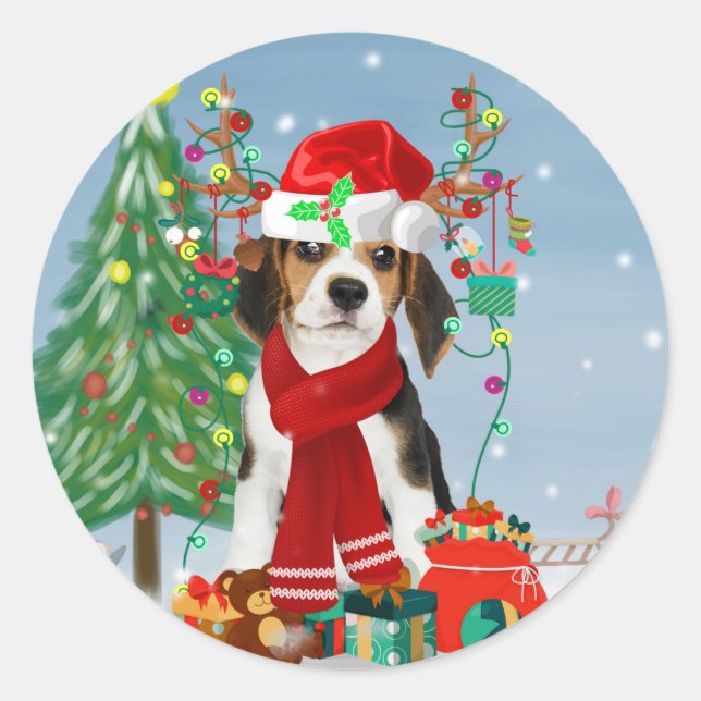 Sticker Rond Chien beagle en neige avec cadeaux de Noël (Devant)